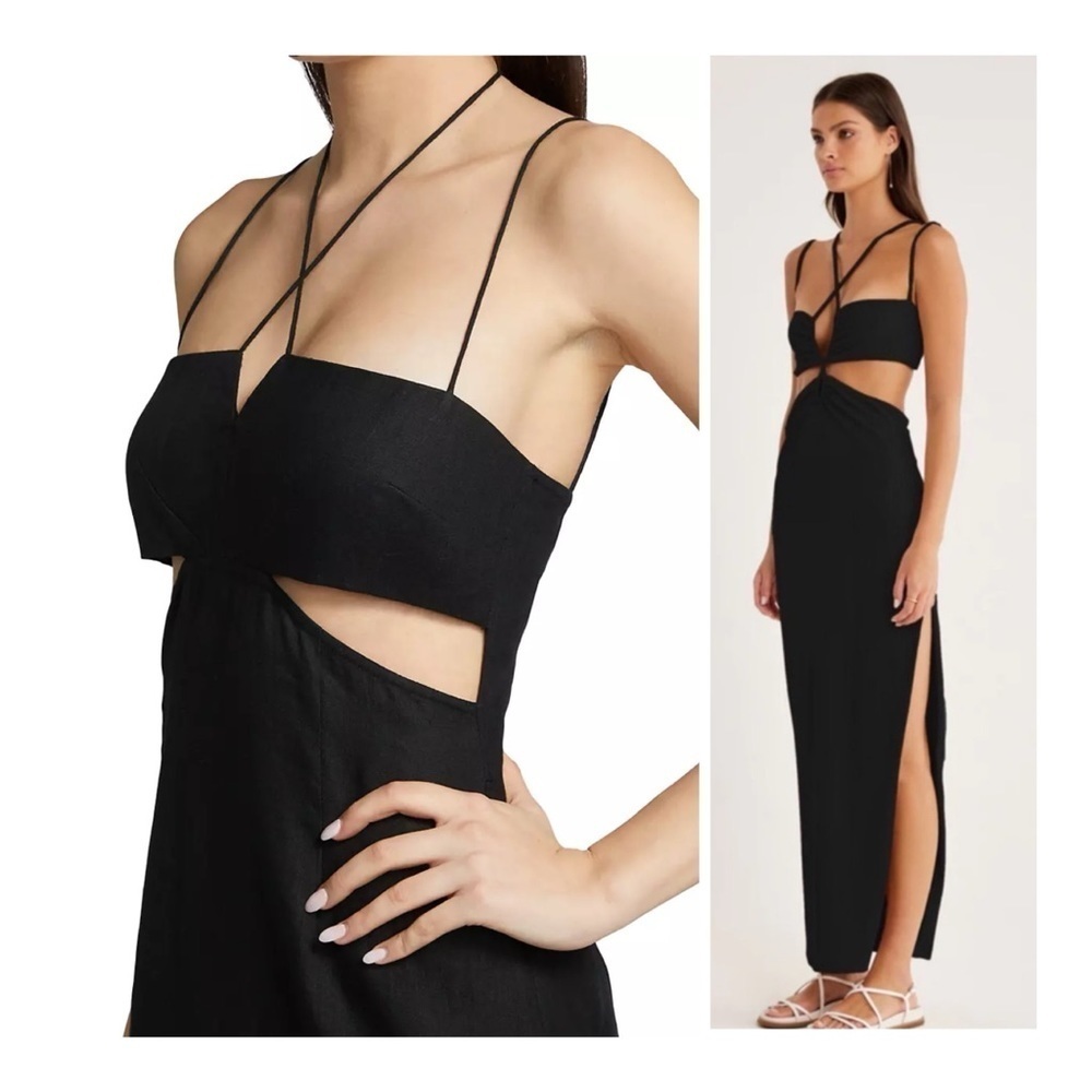 Rumer | Freya 70s Vibes Cut Out Linen Maxi Dress In Black | S